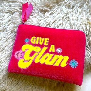 Benefit give a glam Barbie, pink velvety recycled make up travel bag zip